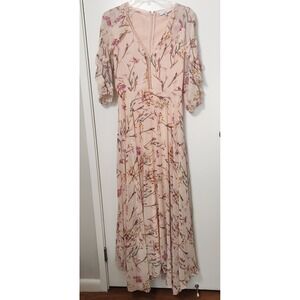 Jenn Maxi‎ Dress Peach Floral Peep V-Neck Puffy Sheer Ruffle Sleeves Chiffon Sm